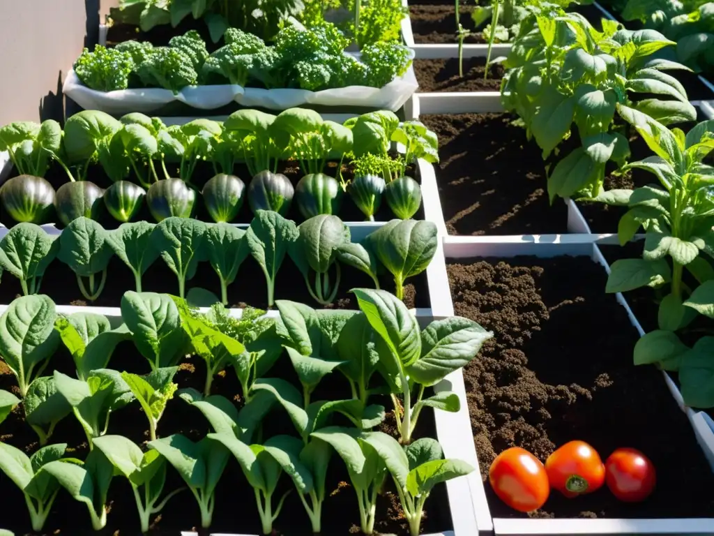 Un huerto urbano con filas de plantas ordenadas, tomates maduros y un suelo húmedo