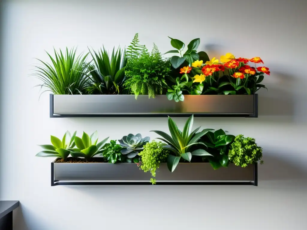 Huertos verticales para plantas de interior: jardín urbano con marcos metálicos y exuberante vegetación, en pared blanca