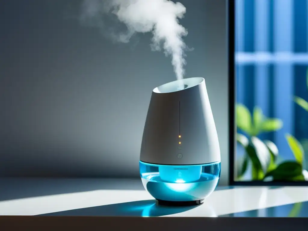 Un humidificador minimalista emite un suave vapor en una atmósfera serena