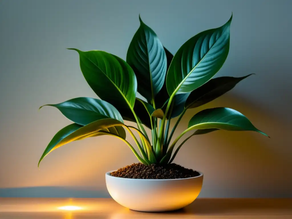 Illuminación artificial realza belleza de plantas de interior, resaltando detalles de hojas