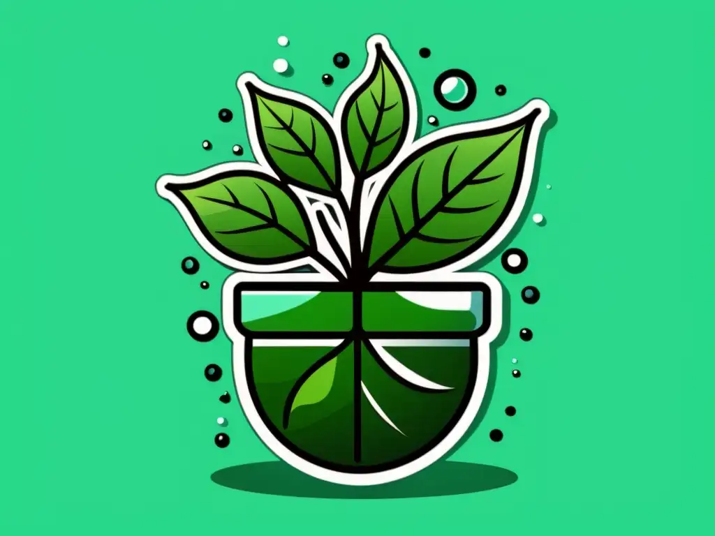 Una ilustración minimalista de una exuberante planta de interior rodeada de cubos de hielo, con gotas de agua formándose en las hojas al derretirse el hielo