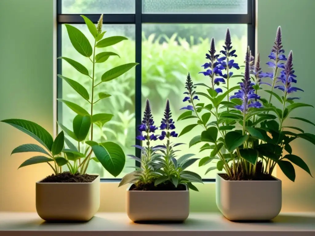 Una ilustración minimalista de un pequeño jardín interior con cuidadosas plantas de Salvia Divinorum, bañadas en suave luz natural