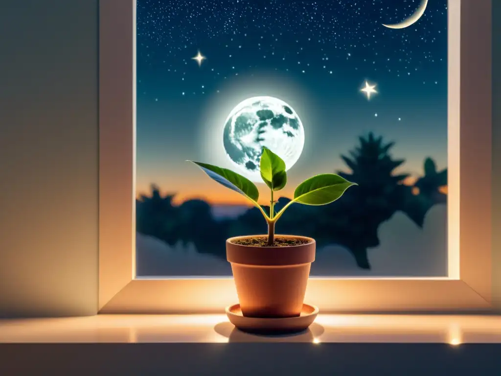 Una ilustración minimalista de una planta de interior iluminada por la luz nocturna, con la luna y las estrellas de fondo