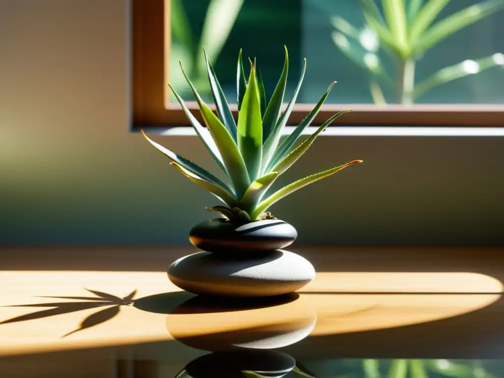 Imagen acogedora de interior con planta de Aloe Vera en un espacio equilibrado, ideal para el cuidado del Aloe Vera y el Feng Shui en el hogar