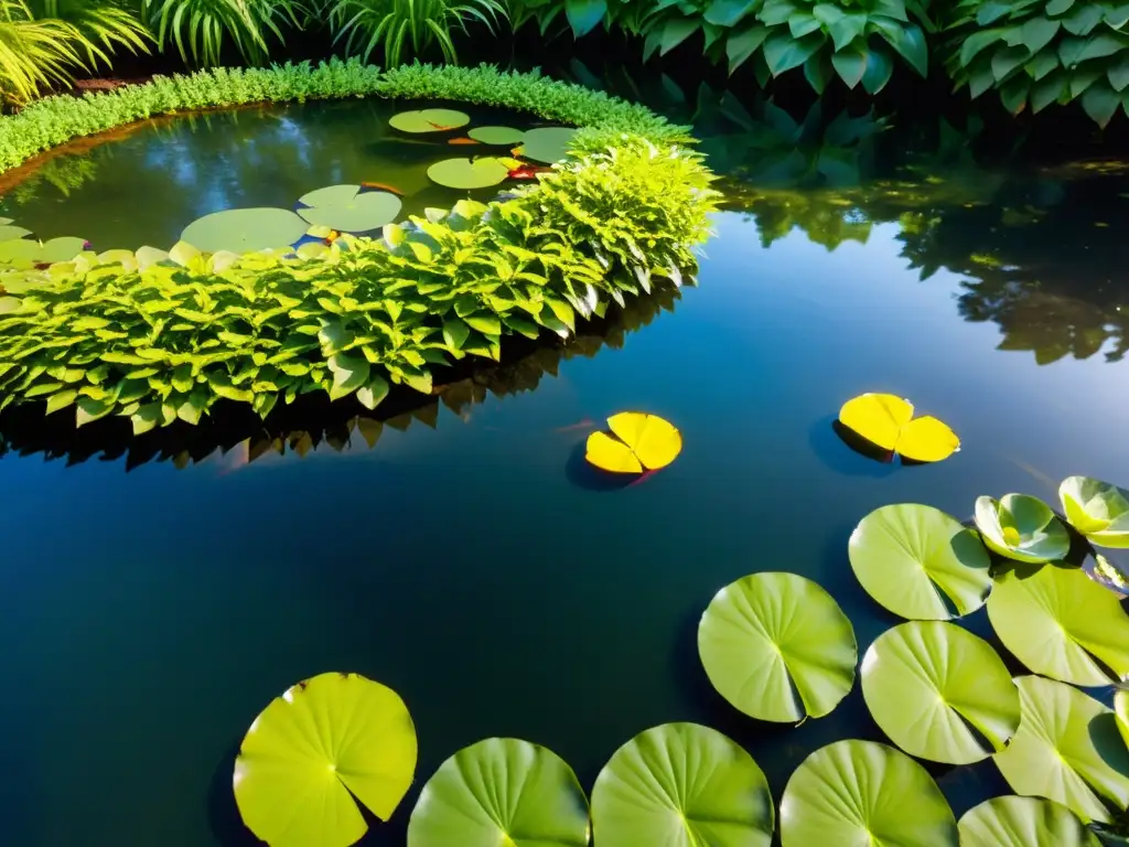 Imagen de un jardín acuático con agua cristalina y plantas vibrantes bajo la luz del sol