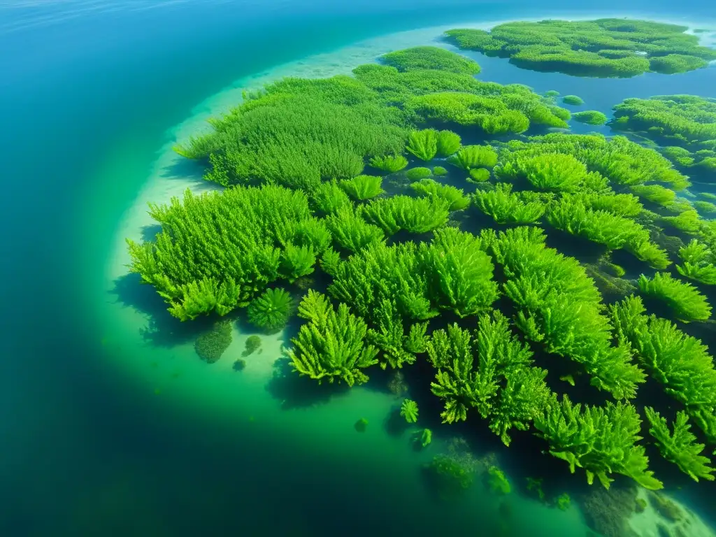 Imagen de algas marinas verdes vibrantes flotando en aguas cristalinas, transmitiendo tranquilidad y belleza natural como fertilizante para plantas de interior