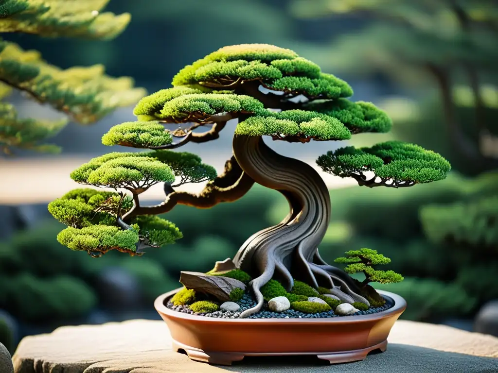 Imagen de un bonsái en un jardín japonés, destacando la relación entre bonsáis y artes marciales con su serenidad y equilibrio