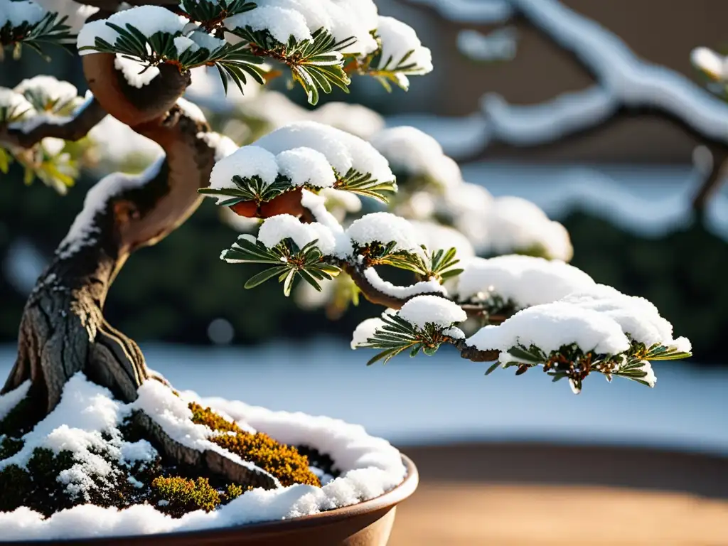 Imagen de un bonsái cuidadosamente podado cubierto de nieve, con la luz solar filtrándose a través de las ramas, creando sombras intrincadas