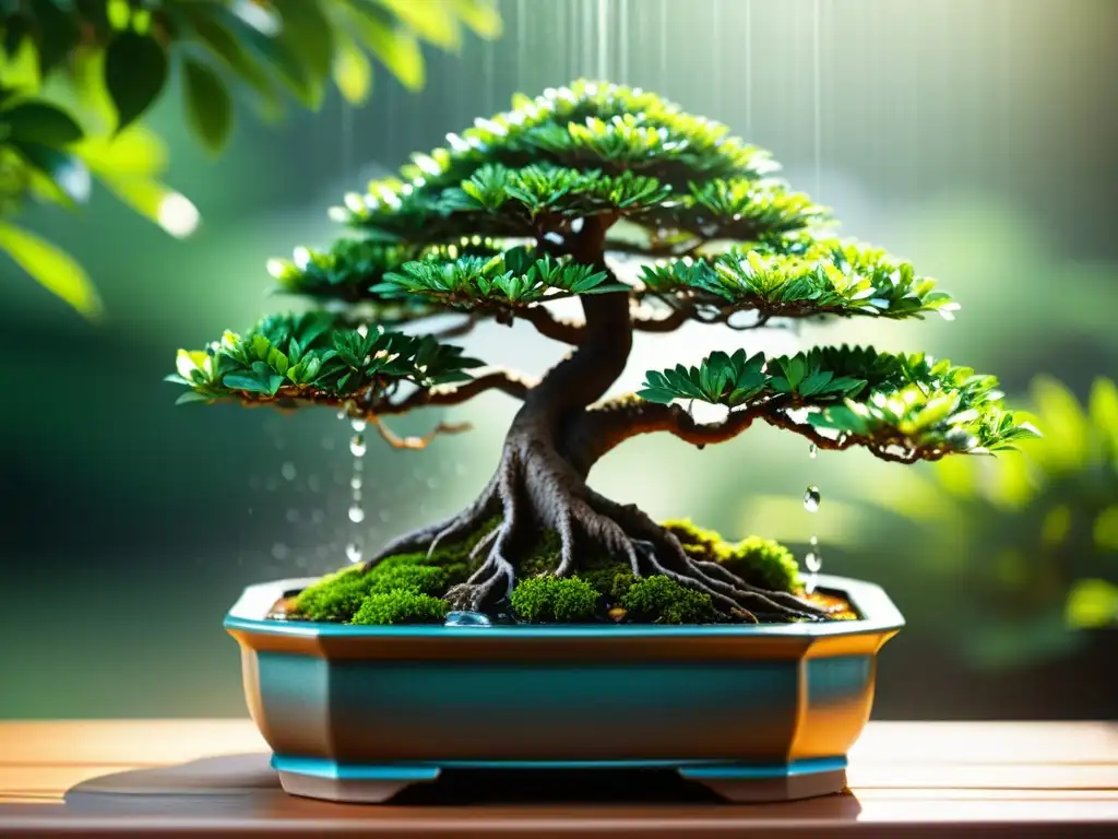 Imagen de un bonsái vibrante siendo regado con agua cristalina, resaltando la importancia de la calidad del agua para bonsái