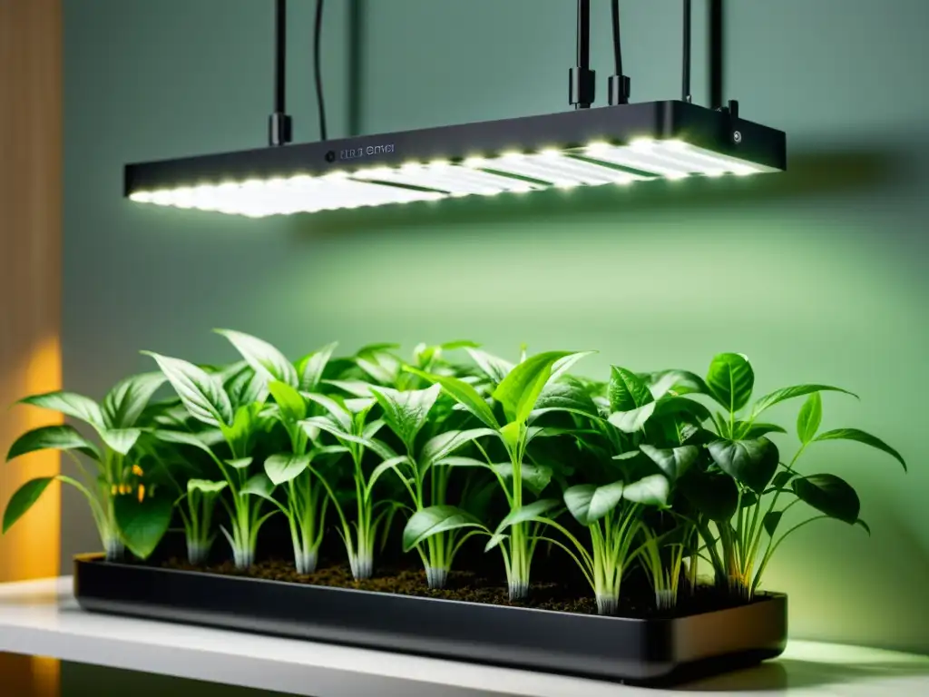 Una imagen cautivadora de iluminación artificial para plantas de interior, que resalta la exuberante vegetación bajo una suave y uniforme luz LED