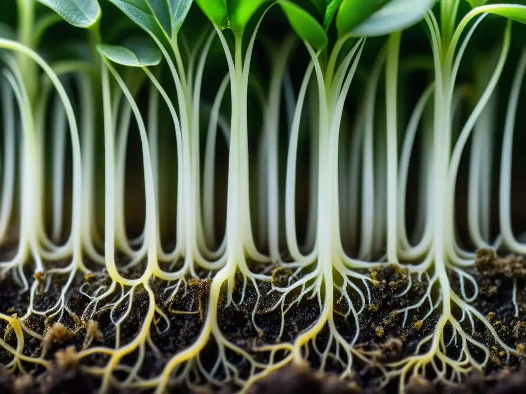 La imagen muestra la compleja red de micorrizas blancas entrelazadas con las raíces de la planta de interior