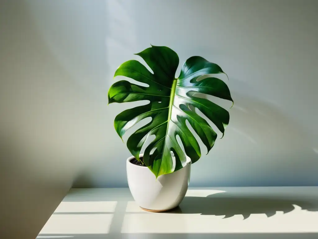 Una imagen de cuidado de plantas de interior mindfulness con una monstera en una mesa blanca, creando un ambiente sereno y tranquilo