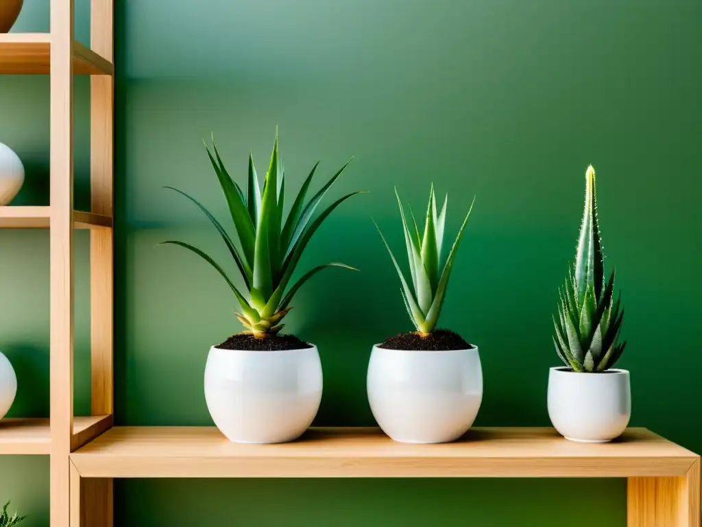 Imagen de cultivo de aloe vera en casa con plantas de Aloe Vera en macetas blancas sobre estantes de madera, creando un ambiente sereno y moderno