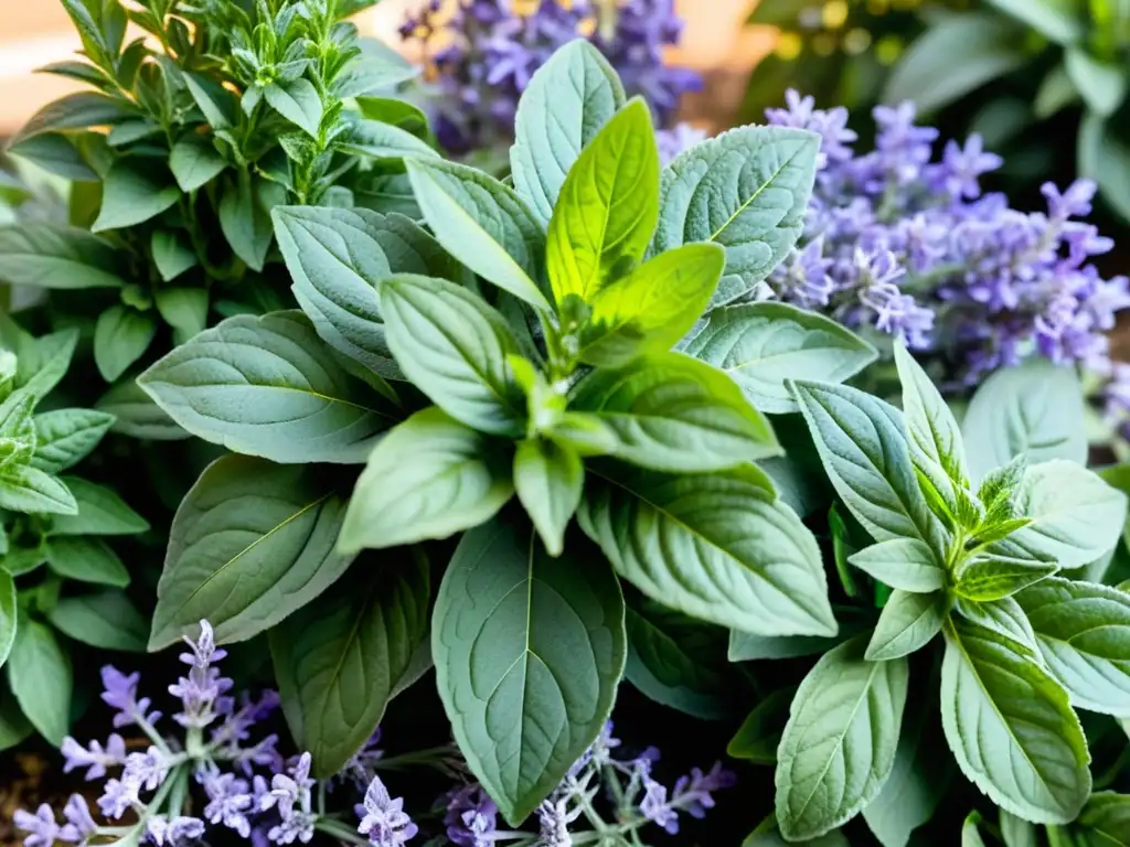 Imagen detallada de un jardín comunitario de plantas aromáticas con albahaca, lavanda, romero y tomillo entrelazados en una escena serena y vibrante