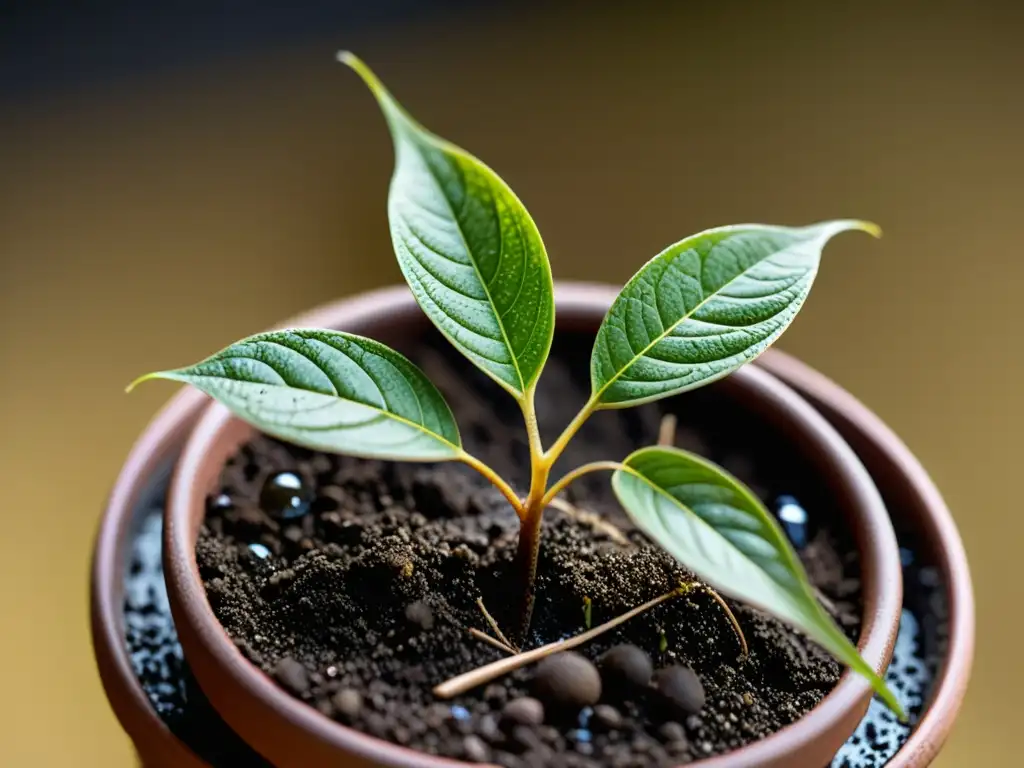 Una imagen detallada y conmovedora de una planta en maceta con hojas marchitas y amarillentas, evidenciando los síntomas de sobre riego en plantas