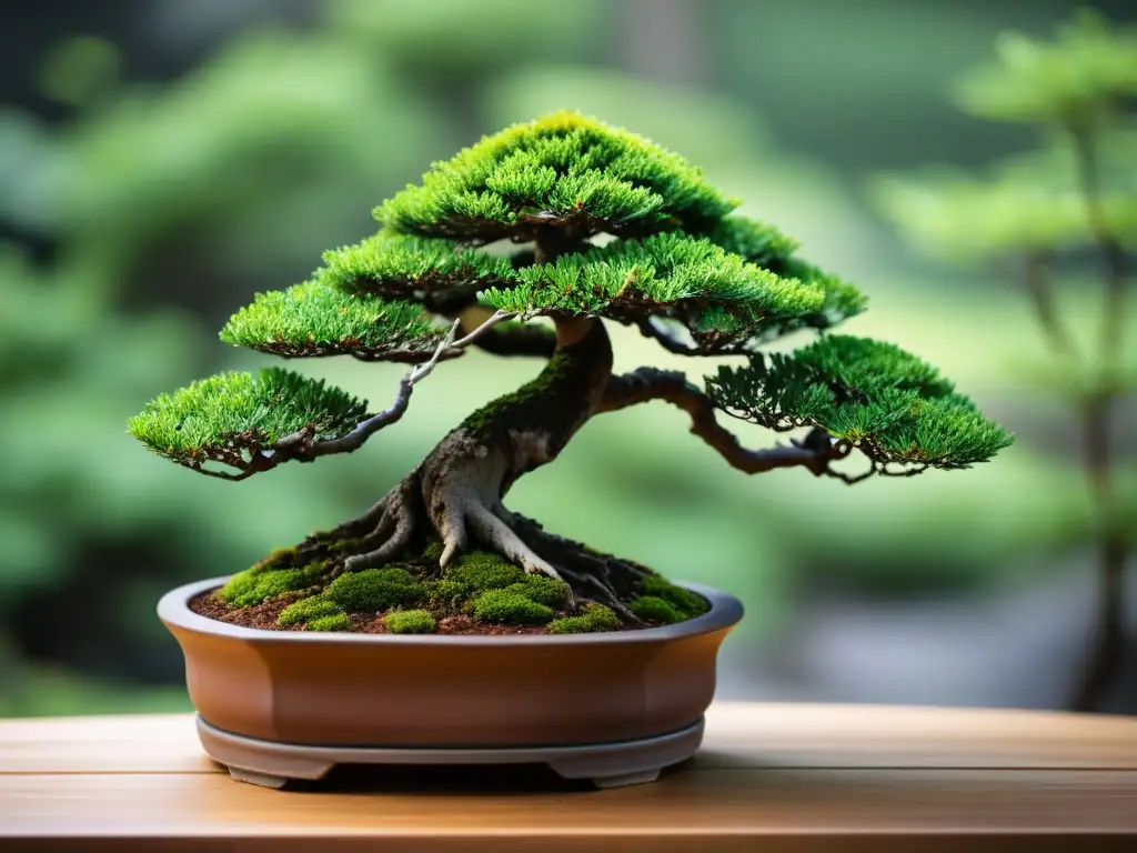 Una imagen detallada de un cuidado bonsái en una hermosa maceta, mostrando la armoniosa relación entre la planta y su recipiente