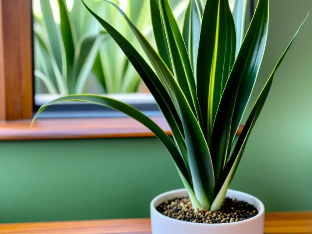 Una imagen detallada de una elegante maceta de cerámica blanca con una vibrante y saludable planta Sansevieria Trifasciata