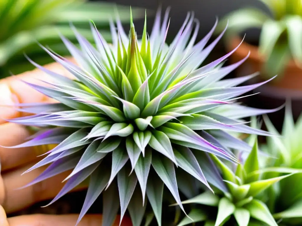 Imagen detallada de una exquisita Tillandsia ionantha verde con flores moradas, creando una experiencia visual hipnótica