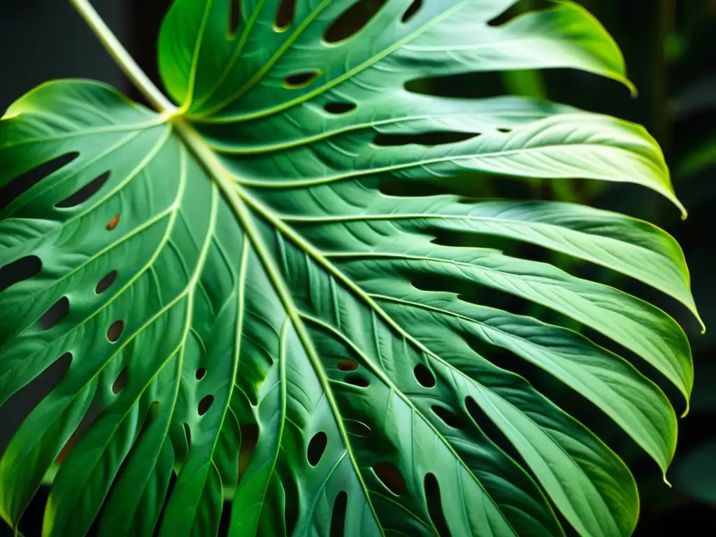 Una imagen detallada de una exuberante hoja de monstera deliciosa, fotografiando la fotosíntesis de plantas y la belleza natural