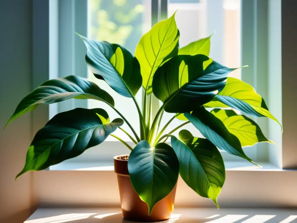 Una imagen detallada de una exuberante planta de interior, iluminada por luz natural