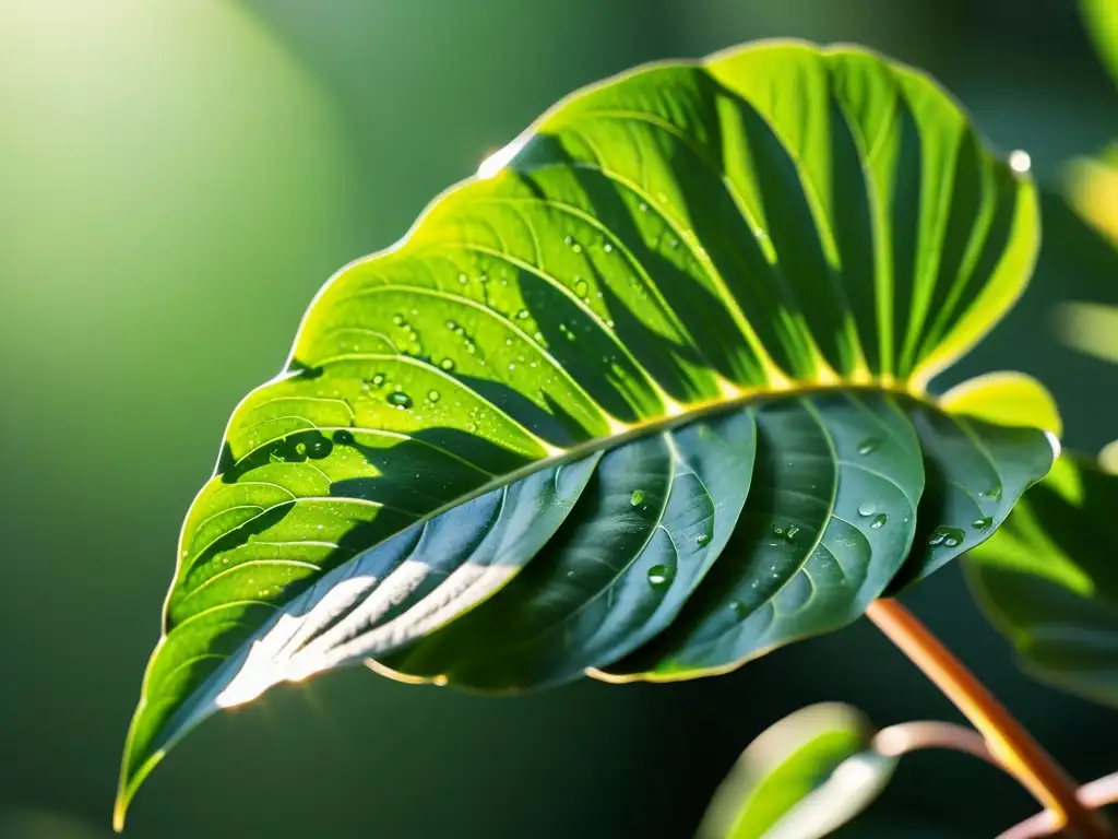 Imagen detallada de una exuberante planta de interior verde, bañada en suave luz natural