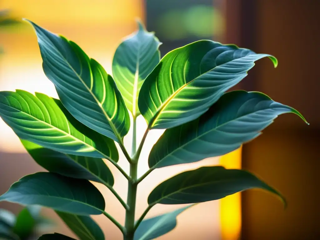 Imagen detallada de una exuberante planta verde bajo cálida luz dorada, resaltando el efecto del color de la luz en plantas de interior