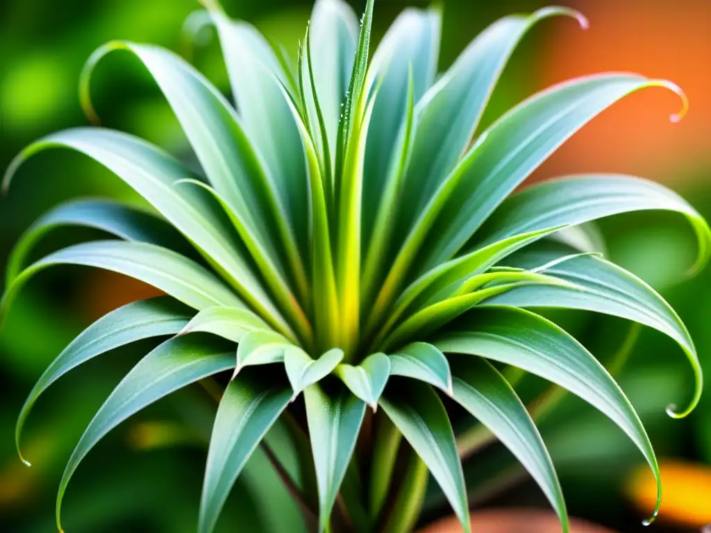 Imagen detallada de una exuberante planta Tillandsia verde, con pequeñas gotas de agua brillando en sus delicadas hojas