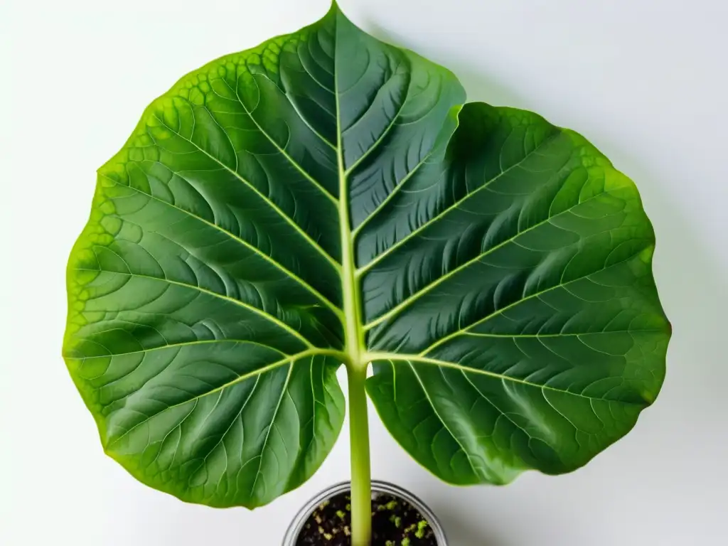 Una imagen detallada de una exuberante planta alocasia rodeada de herramientas de propagación, en un ambiente minimalista y profesional