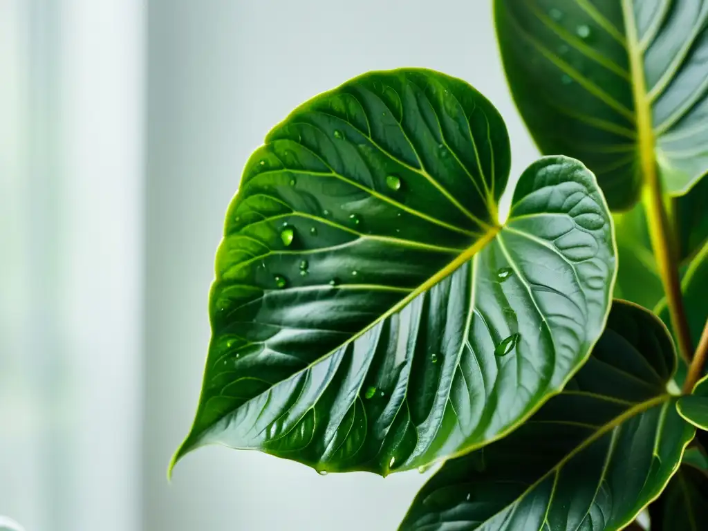 Una imagen detallada de una exuberante planta de interior, con hojas verdes vibrantes y gotas de agua que realzan su belleza