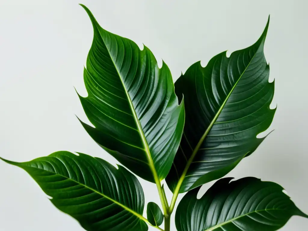 Una imagen detallada de una exuberante planta de interior con hojas delicadas, en un fondo blanco