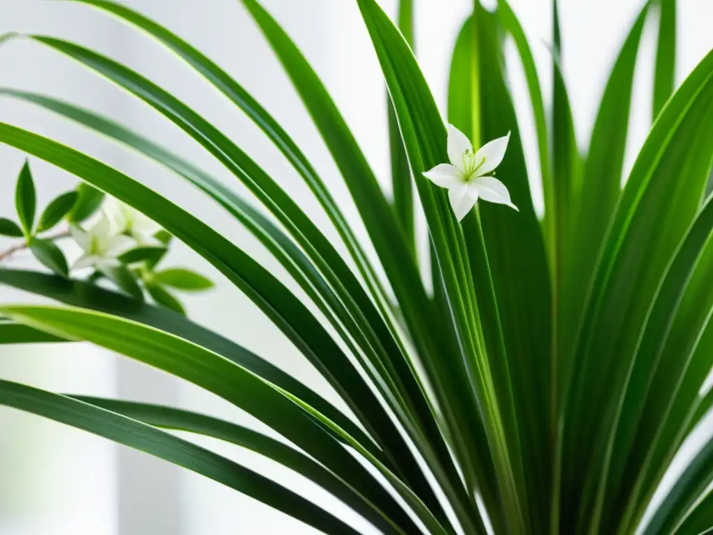 Imagen detallada de una exuberante planta araña con flores blancas, en un fondo blanco