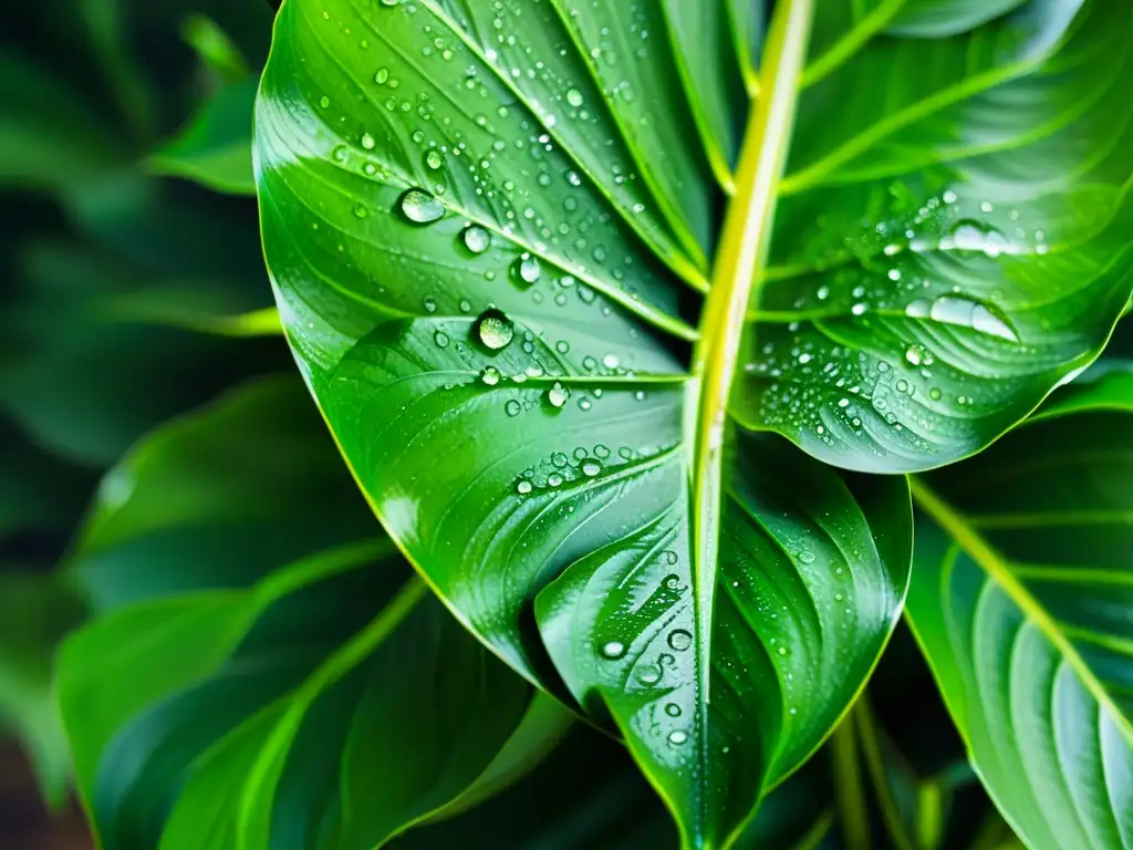 Una imagen detallada de una exuberante planta lirio de la paz, con gotas de agua que brillan en sus amplias y brillantes hojas