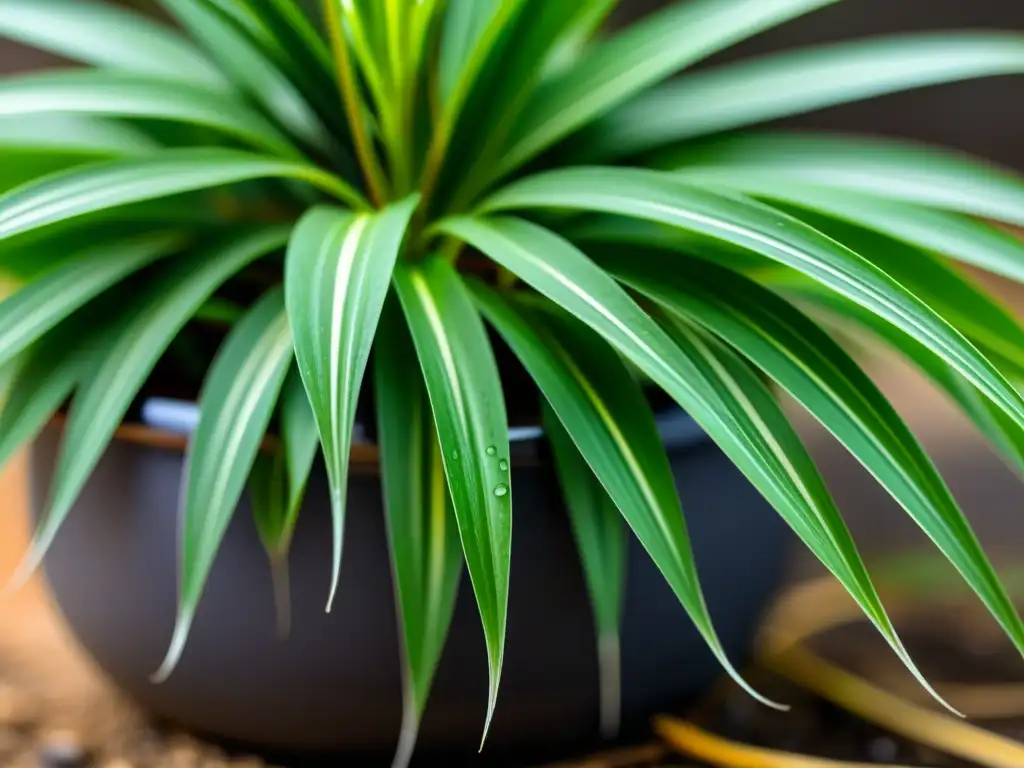 Imagen detallada de una exuberante planta araña (Chlorophytum comosum) que equilibra la humedad en interiores