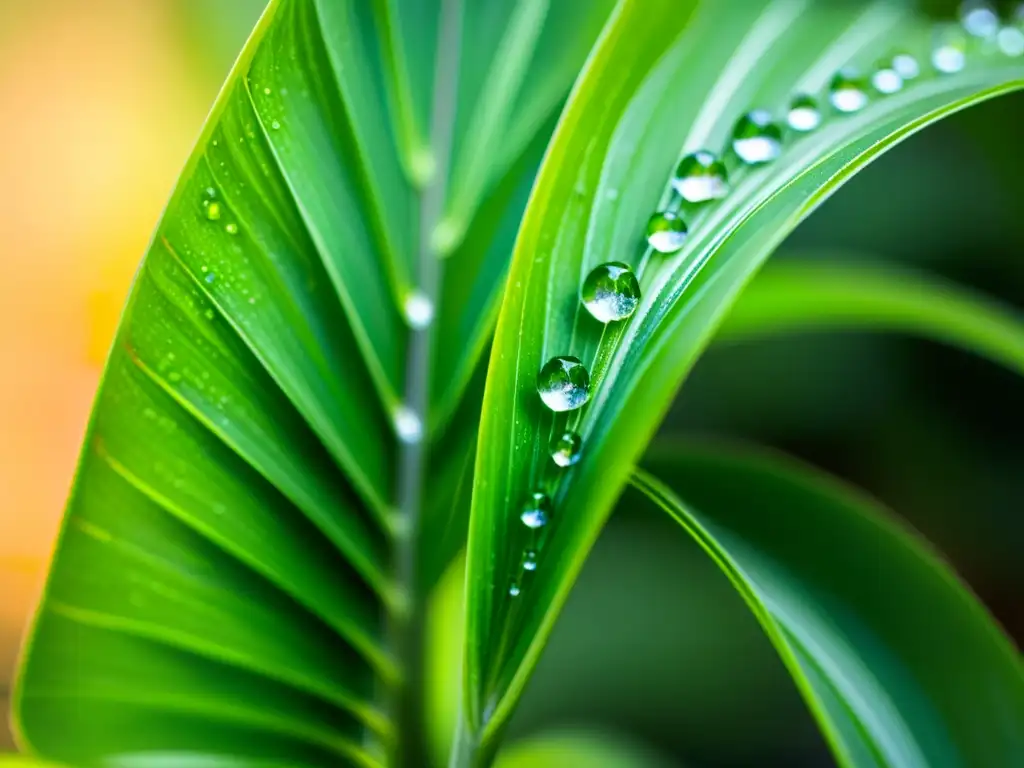 Imagen detallada de una exuberante planta araña con hojas delicadas y arqueadas, adornadas con gotas de agua que crean diminutos arcoíris