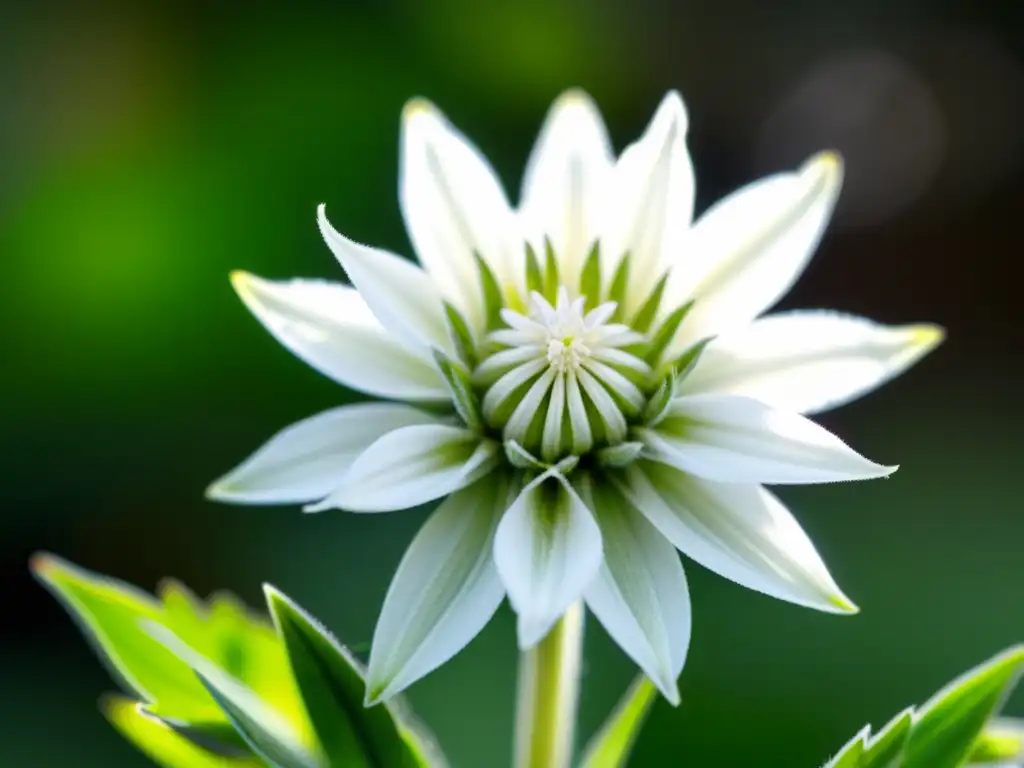 Imagen detallada de una hermosa flor de Edelweiss blanca en un ambiente minimalista, destacando su belleza y delicadeza