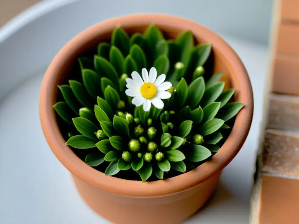 Una imagen detallada de una hermosa planta de manzanilla en maceta, con hojas verdes vibrantes y flores blancas delicadas que comienzan a florecer