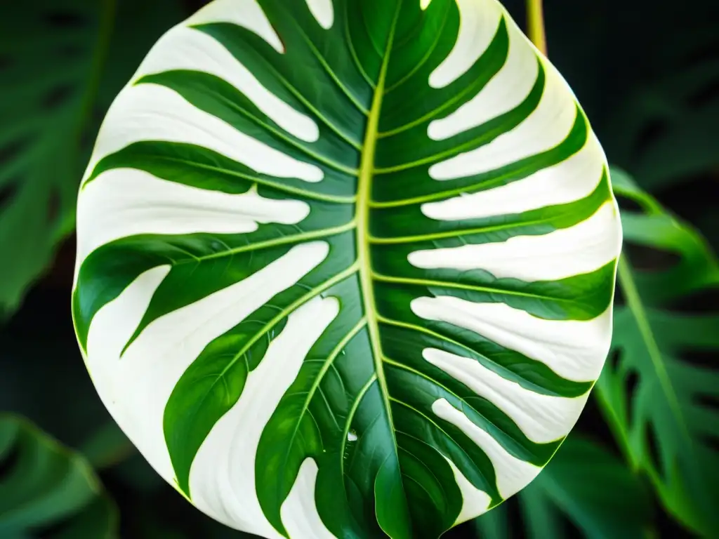 Una imagen detallada de una hoja variegada de Monstera deliciosa, con patrones y texturas intrincados en su superficie marmolada verde y blanca