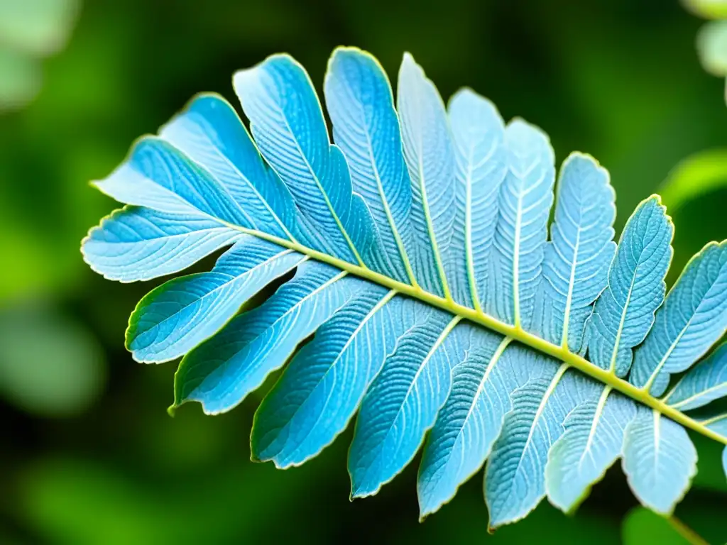 Una imagen detallada de una hoja vibrante de Adiantum tenerum azul, con patrón de esporas y fondo neutro