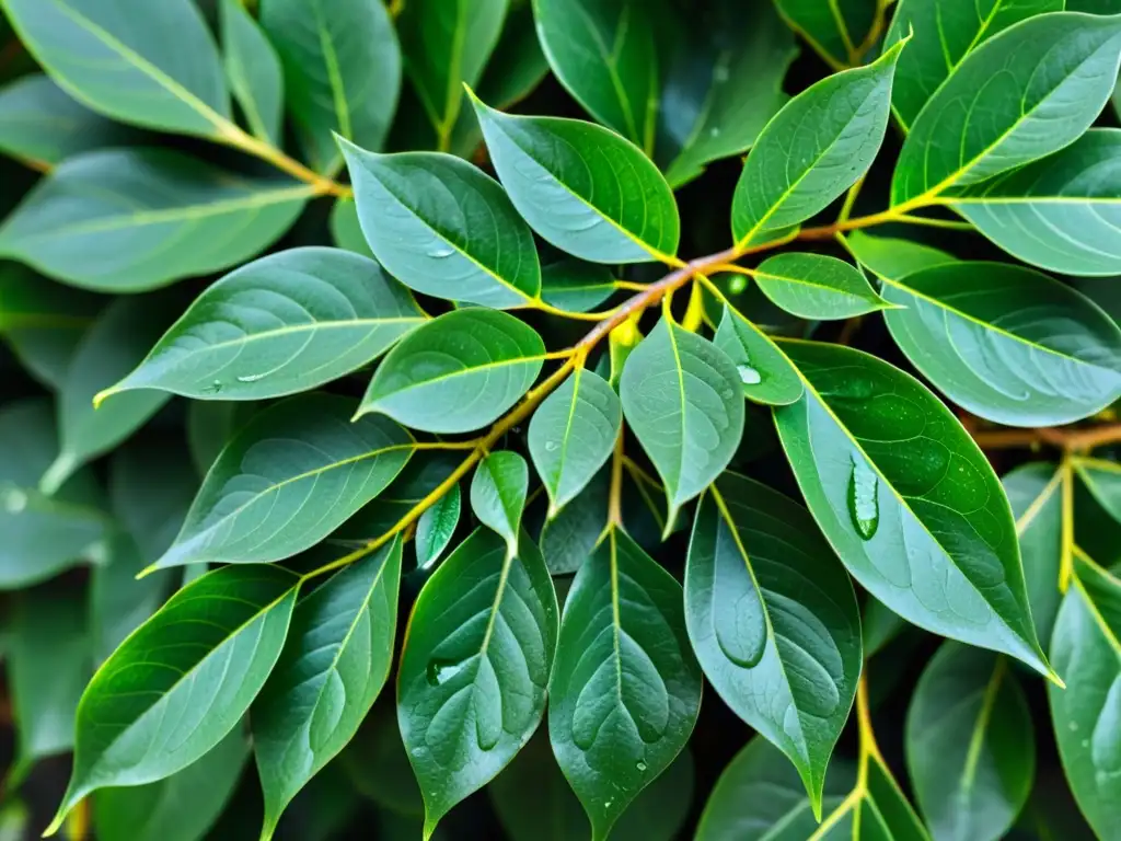 Una imagen detallada de hojas exuberantes y verdes de un Ficus en su máximo esplendor, bajo una suave luz natural