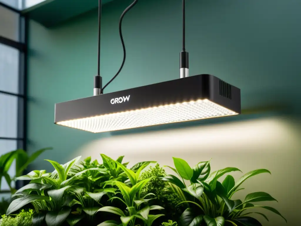 Una imagen detallada de una moderna luz LED para cultivo en interior, iluminando un exuberante jardín