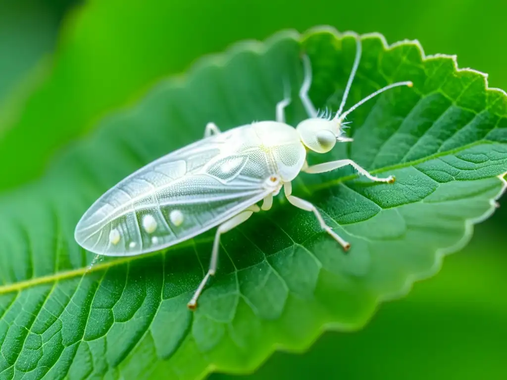 Una imagen detallada de una mosca blanca en una hoja verde, mostrando sus alas delicadas y el patrón de su cuerpo