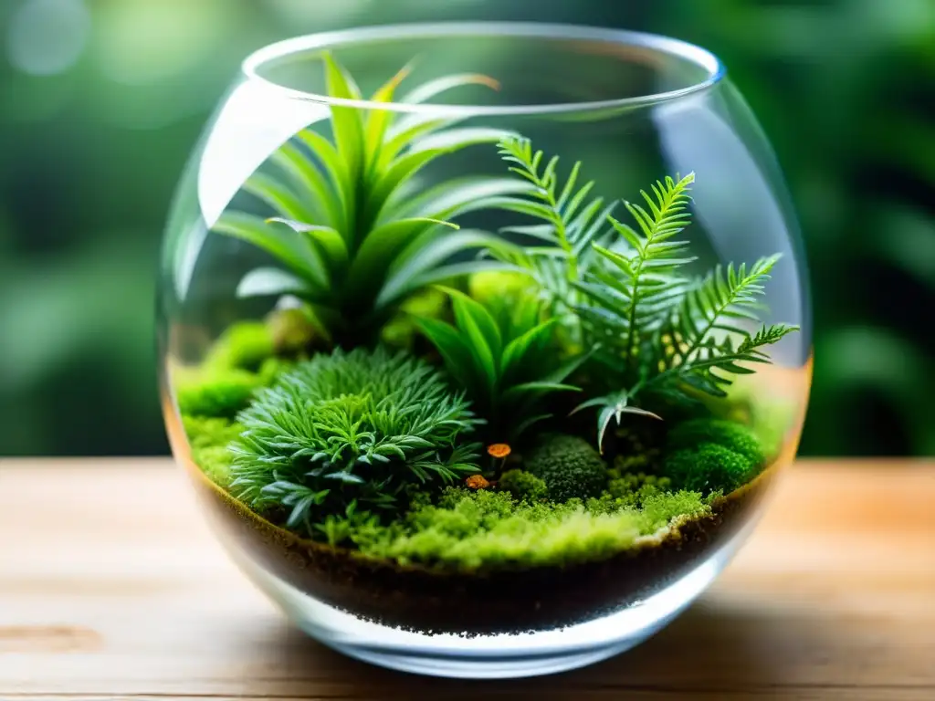 Una imagen detallada de un pequeño terrario minimalista con musgo verde exuberante, helechos diminutos y delicadas plantas aéreas