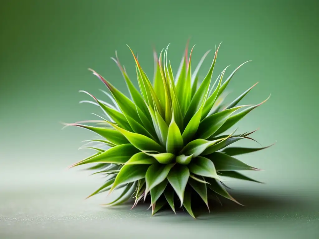 Una imagen detallada de una planta aérea Tillandsia verde vibrante, con hojas delicadas e intrincadas y finos vellos que capturan la humedad del aire