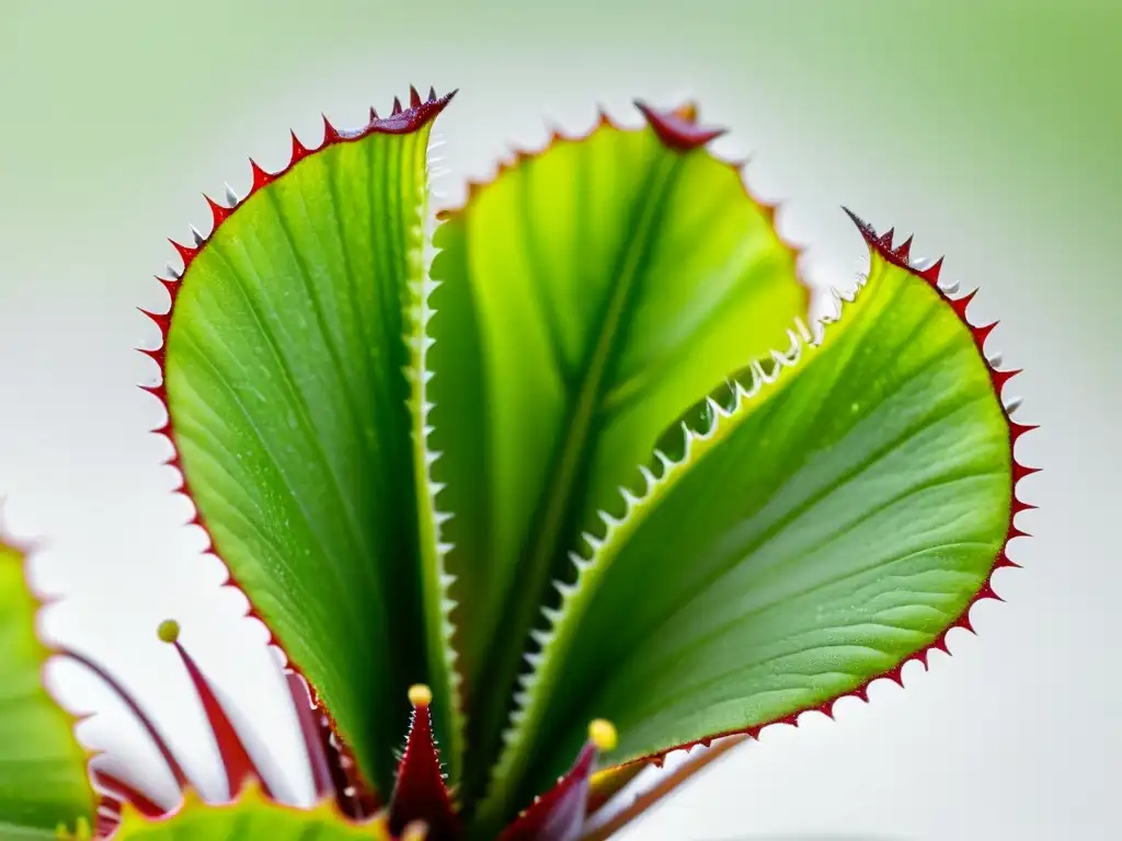 Una imagen detallada de una planta Venus atrapamoscas verde vibrante, destaca sus trampas dentadas y superficies pegajosas