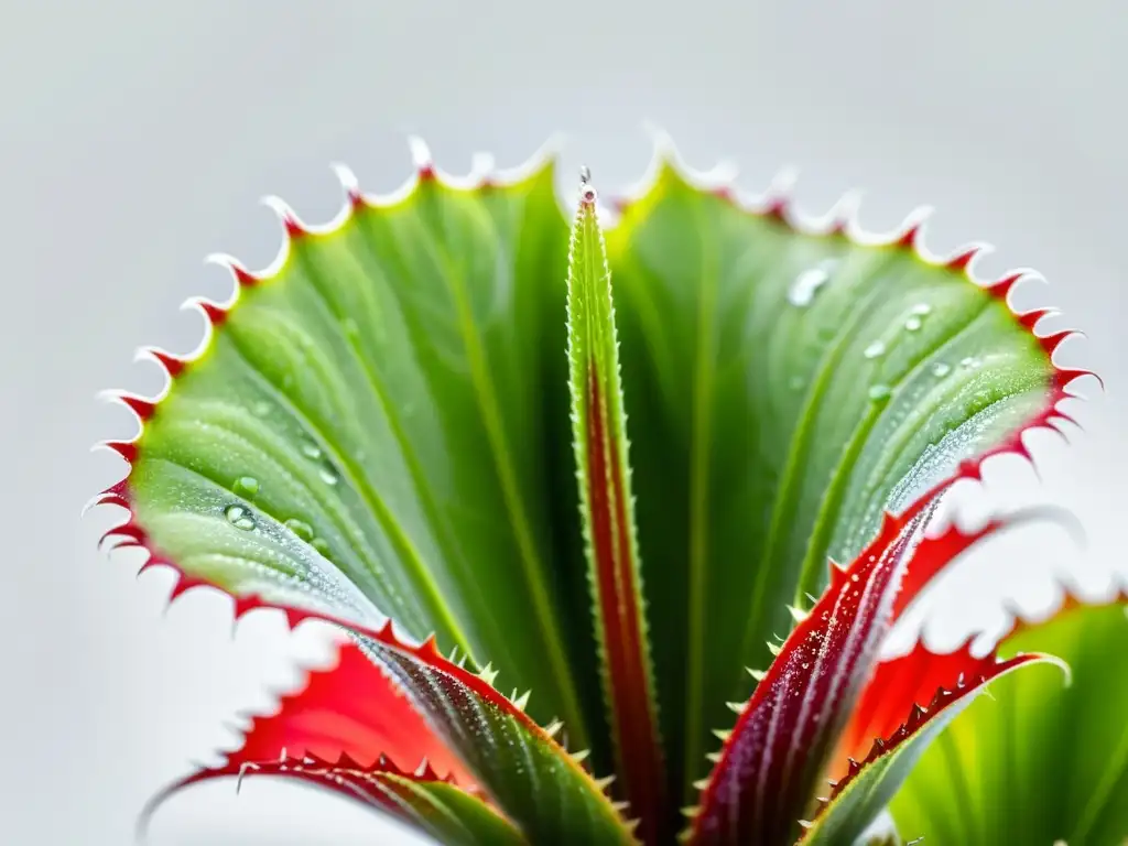 Imagen detallada de una planta Venus atrapamoscas verde vibrante con gotas de rocío brillando en sus bordes espinosos, en un fondo blanco