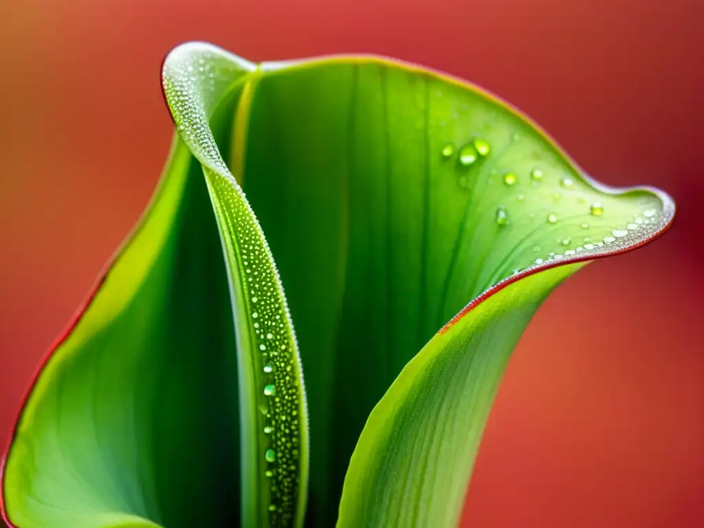 Imagen detallada de una planta carnívora en primer plano, con patrones y texturas vibrantes en sus hojas y un fondo sólido