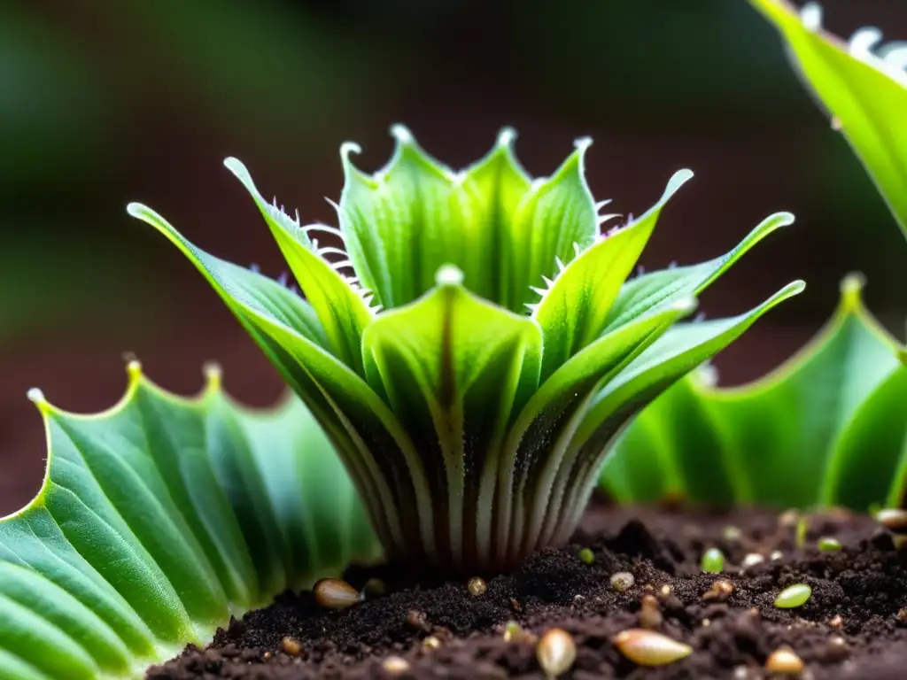 Una imagen detallada de una planta carnívora Venus flytrap con sus trampas abiertas, rodeada de tierra oscura