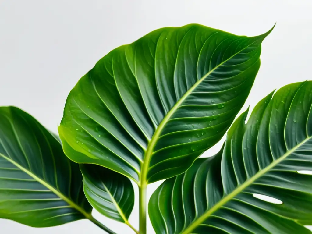 Imagen detallada de planta de interior verde, fresca y vibrante, con texturas y gotas de agua