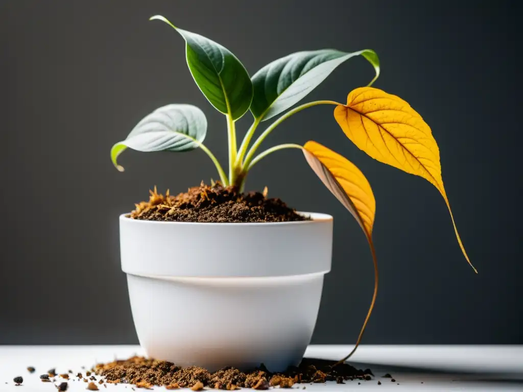 Imagen detallada de una planta de interior marchita en una maceta blanca, representando la necesidad de revivir plantas de interior marchitas