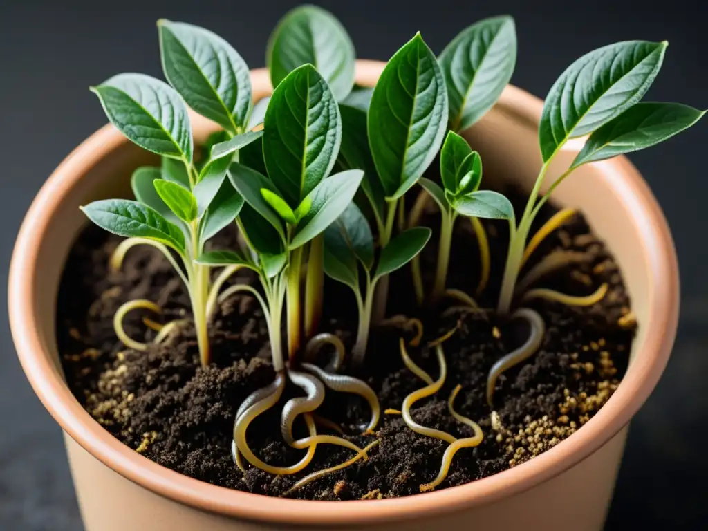 Imagen detallada de planta en maceta con sustrato saludable y prevención de plagas en plantas